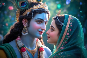 Divine embrace of lord krishna and radha in a lush garden with soft bokeh lights and peacock feathers