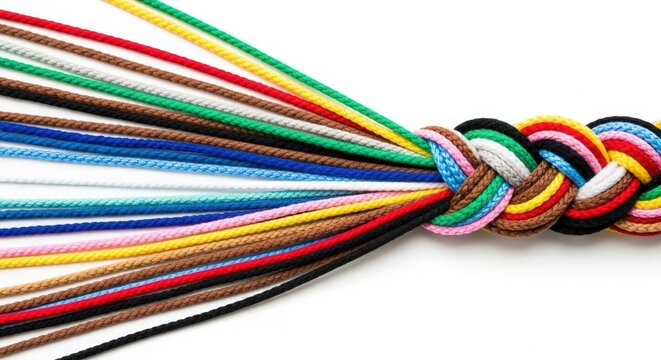 Many colorful strings converging into a single braided design against white