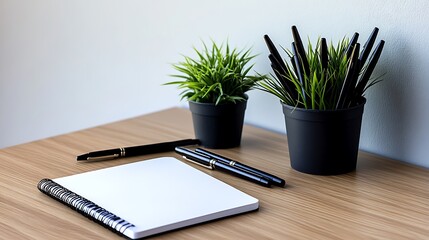 A minimalist setup of a clean notebook, black pens, and a small potted plant on a modern wooden desk. The design exudes simplicity and focus.