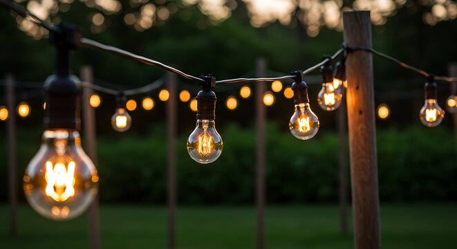 String of illuminated Edison-style light bulbs hanging outdoors, creating a warm and inviting atmosphere in a garden setting.
