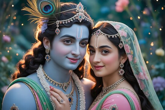 Lord krishna and radha in a tender embrace adorned with exquisite jewelry and peacock feathers surrounded by a magical bokeh of lights and flowers