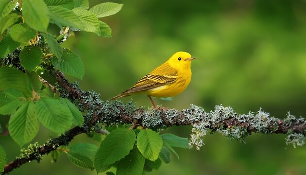 yellow warbler setophaga petechia perched on a branch amid green foliage