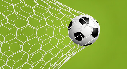 Soccer ball in the back of the net on a green background. A goal-scoring moment in a football match. Concept of victory, success, and achievement.