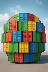 Fototapeta premium free trade agreement concept. Colorful stacked shipping containers in a spherical arrangement.