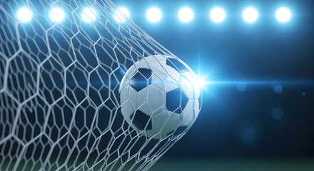 Soccer ball hitting the back of the net under bright stadium lights. Dramatic goal-scoring moment in a football match at night.