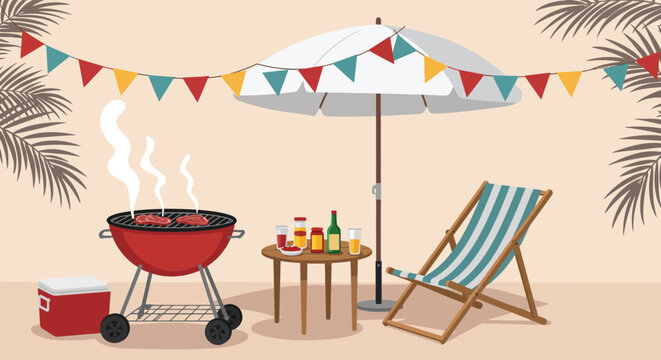 A backyard barbecue scene with a grill, umbrella, table with drinks, and a beach chair creates a relaxing summer party atmosphere