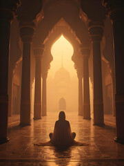 Serene meditative moment inside a grand mosque, featuring architecture with pillars and arches bathed in warm golden light.