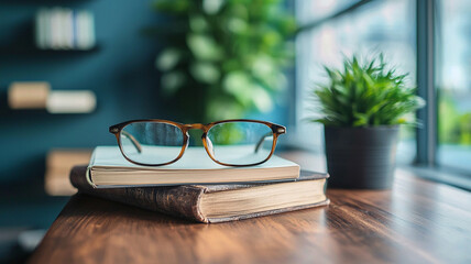 Academic workspace with open books, eyeglasses, and pen on wooden desk. Learning and education theme