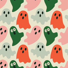 Seamless Cute Ghost Pattern in Pastel Colors – Halloween Background

