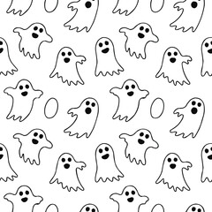 Minimal Black and White Ghost Outline Pattern – Seamless Halloween Sketch

