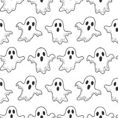 Minimal Black and White Ghost Outline Pattern – Seamless Halloween Sketch

