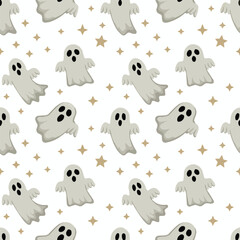 Minimal Black and White Ghost Outline Pattern – Seamless Halloween Sketch

