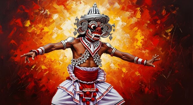Painting of a Traditional Sri Lankan Devil (Yaka) Dancer with Mask