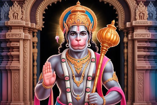 Lord hanuman the devoted hindu deity stands majestically in a temple adorned with intricate carvings and holding his golden mace a symbol of strength and power