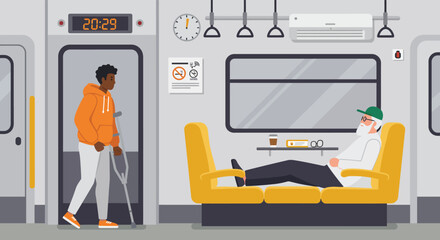 A young man with a leg injury uses crutches to walk through a subway car while an elderly man relaxes on a comfortable seat