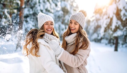 Obraz premium Two women laughing in snowy forest