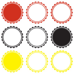 Circular labels frame set. Red, yellow and black circle vectors frame. Wavy edge circle sticker. Star burst shape tags for price. Simple circle wax seal silhouette. Vector illustrations set isolated.