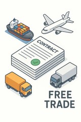 free trade agreement concept. Business trade concepts with transportation icons and a contract illustration.