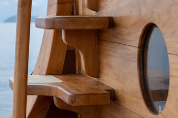The legacy of Pinisi boat building. Detailed shot of the traditional woodworking techniques used to...