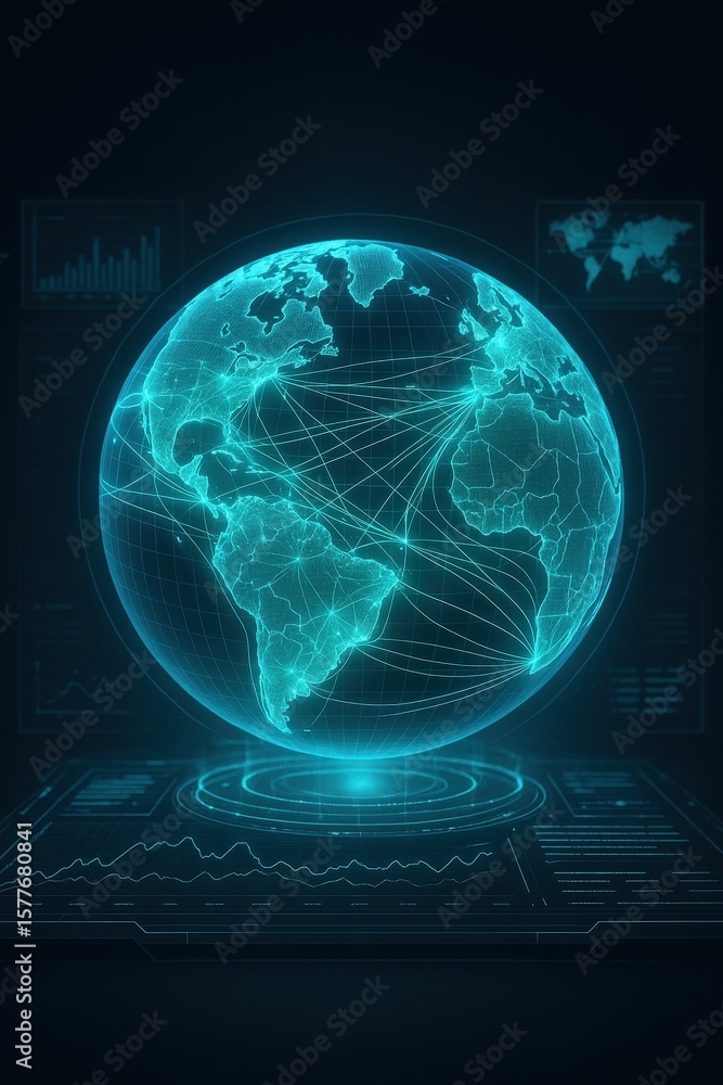 Poster free trade agreement concept. digital globe with data visualization and connections in a futuristic 