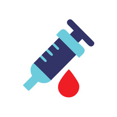 Syringe with blue dark blue elements a red blood drop on injection needle