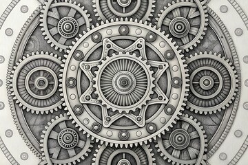 Intricate steampunk mechanical gears and cogs in detailed monochrome design