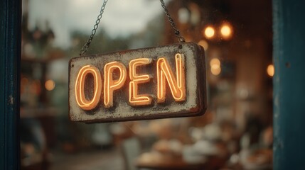 Vintage Neon "Open" Sign: Welcoming Customers to a Retro Cafe
