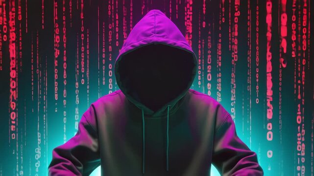 Anonymous Hacker in Hoodie with Matrix-Style Binary Code Backdrop