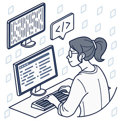 Woman Programmer Coding Line Art Vector