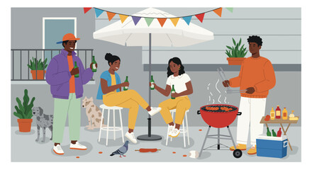 A group of friends and family are enjoying a barbecue party in the backyard, with one person grilling food, others relaxing, and a dog and pigeon joining the festive outdoor gathering