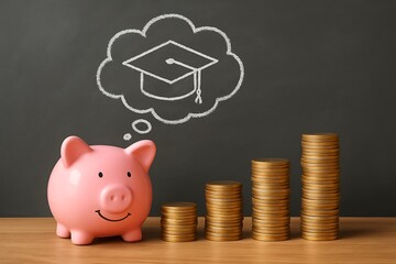 Pink piggy bank with graduation cap thought coins stacks