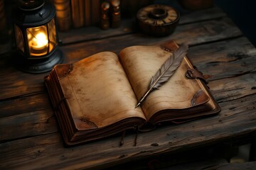 Vintage Open Book Quill Pen and Glowing Lantern on Dark Wooden Table Writing