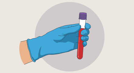 A gloved hand holds a test tube filled with a red liquid, possibly blood, for medical analysis and research