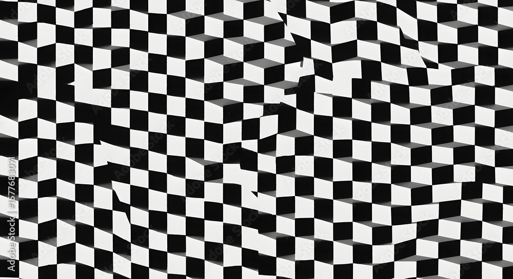 Poster black and white checkered pattern with raised cubes creating an optical illusion of depth and moveme