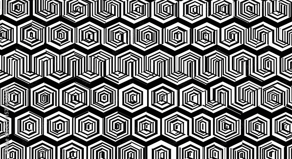 Poster a black and white abstract pattern featuring repeating geometric shapes and optical illusions design