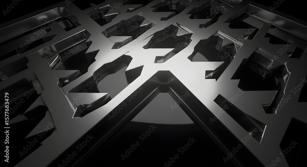 Poster a close up view of an abstract metal grate design with geometric shapes in a dark and light setting