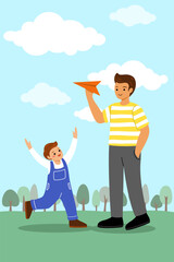 Illustration of father and son are playing paper plane in the park in cartoon style, for artwork design about dad with kid or family activity.