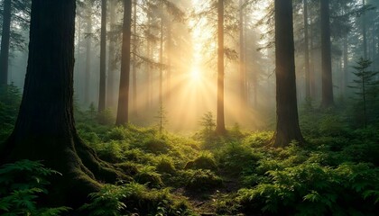 Naklejka premium HD photography of a dense pine forest covered in early morning mist, golden sunlight streaming through tall trees, highlighting lush green moss and ferns on the forest floor. Dewdrops on leaves, soft 