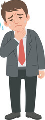 A worried businessman in a grey suit touches his throat, appearing unwell or stressed.