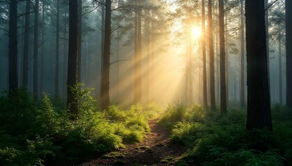 Obraz premium HD photography of a dense pine forest covered in early morning mist, golden sunlight streaming through tall trees, highlighting lush green moss and ferns on the forest floor. Dewdrops on leaves, soft 