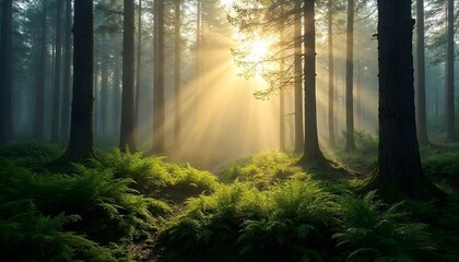 Obraz premium HD photography of a dense pine forest covered in early morning mist, golden sunlight streaming through tall trees, highlighting lush green moss and ferns on the forest floor. Dewdrops on leaves, soft 