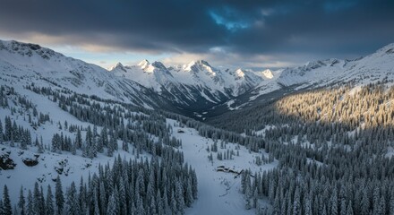 Obraz premium Snowy mountain valley at dawn