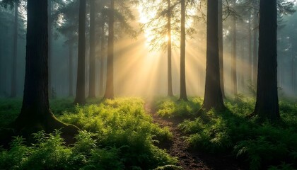 Fototapeta premium HD photography of a dense pine forest covered in early morning mist, golden sunlight streaming through tall trees, highlighting lush green moss and ferns on the forest floor. Dewdrops on leaves, soft 