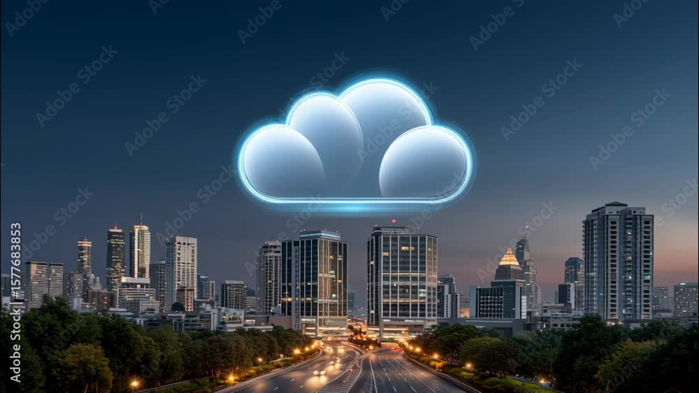 Poster cloud icon glowing above city skyline dusk with busy highway and modern buildings creating futuristi