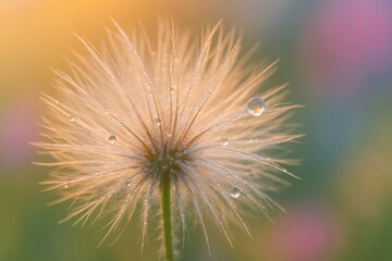 Obraz premium Delicate dandelion seed head with water droplets reflecting golden sunset light