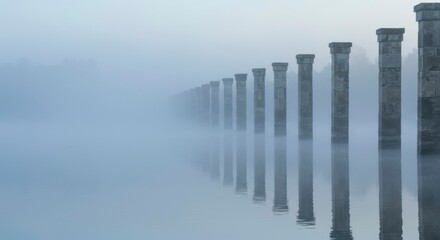 Fototapeta premium Serene misty morning scene with a row of stone pillars reflected in still water, creating a tranquil and symmetrical view