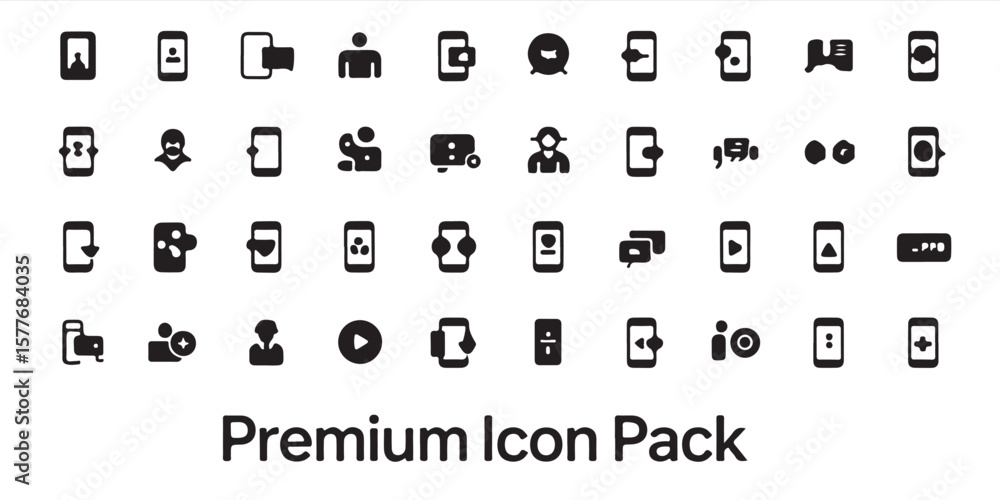 Poster collection of black and white mobile phone icons representing various functions and applications
