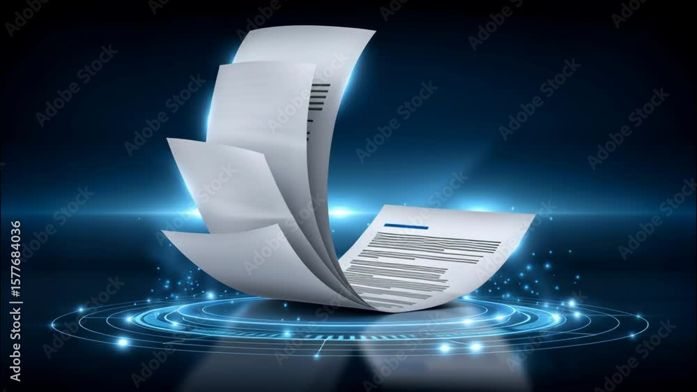 Aufkleber digital document and paper flying above glowing futuristic interface, technology concept with digita