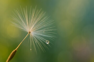 Naklejka premium Dandelion seed holding a drop of water with blurred green background