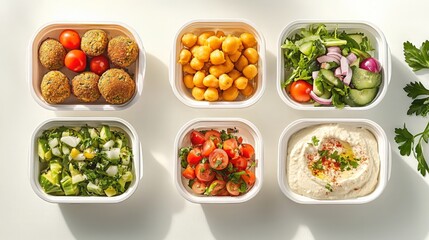 Healthy Mediterranean Meal Prep with Falafel, Hummus, and Fresh Vegetables in Containers
